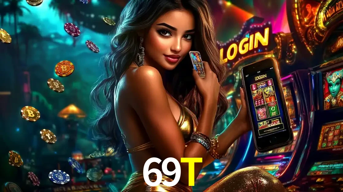Mulher em um cenário de cassino temático de aventura, mostrando o app de caça-níqueis da 69T no celular. Fichas de apostas flutuam ao redor.