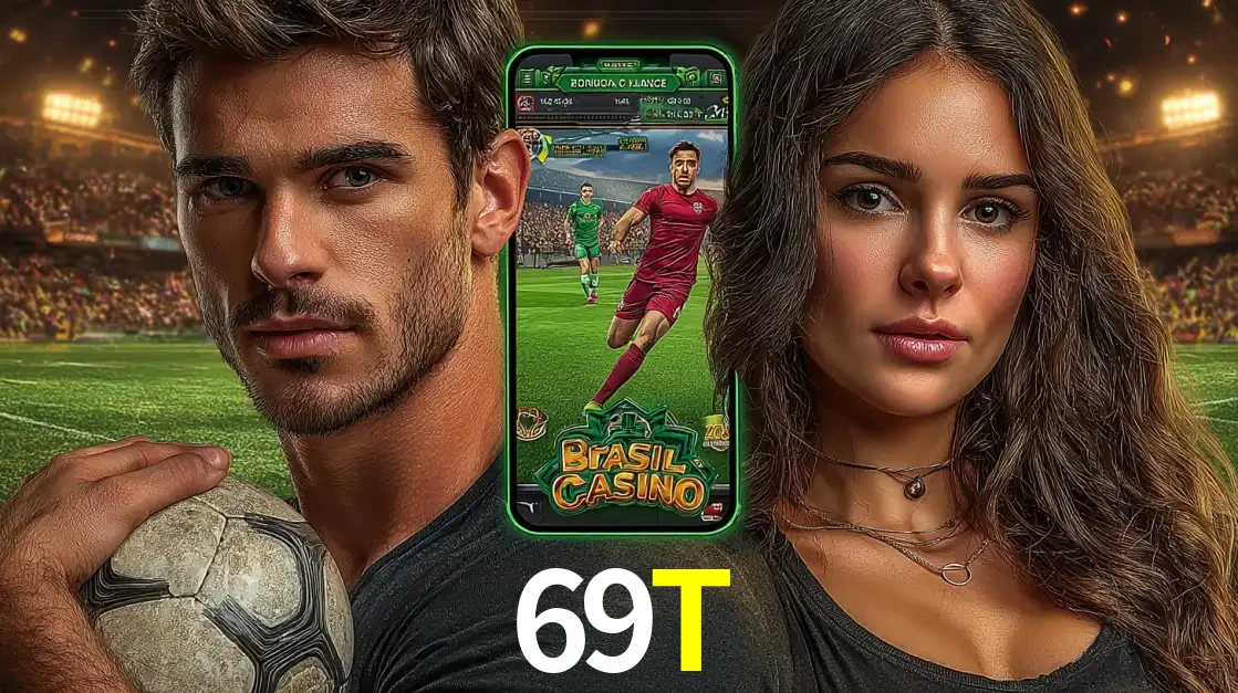 Homem segurando uma bola de futebol e uma mulher ao lado de um smartphone exibindo o jogo de apostas esportivas da 69T. Faça seu palpite no cassino online.